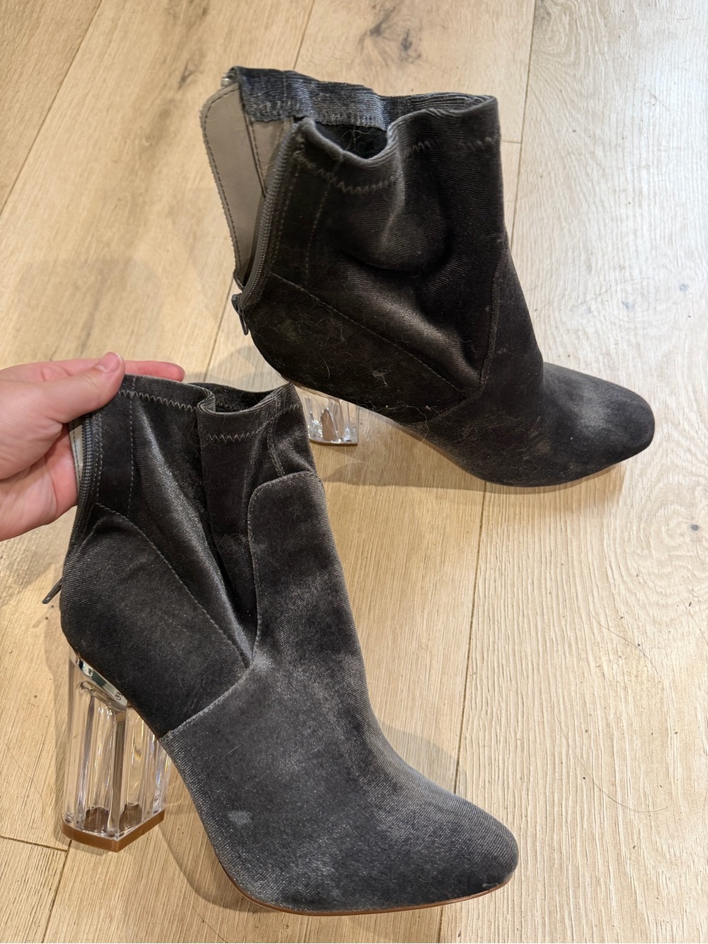 Women’s grey Velvet Ankle Boots with Clear Block Heel